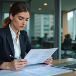 Femme d'affaires examinant des documents de prêt immobilier