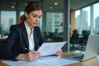 Femme d'affaires examinant des documents de prêt immobilier