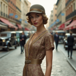 Jeune femme en robe de soie 1930s dans la ville