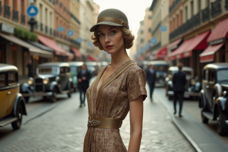 Jeune femme en robe de soie 1930s dans la ville