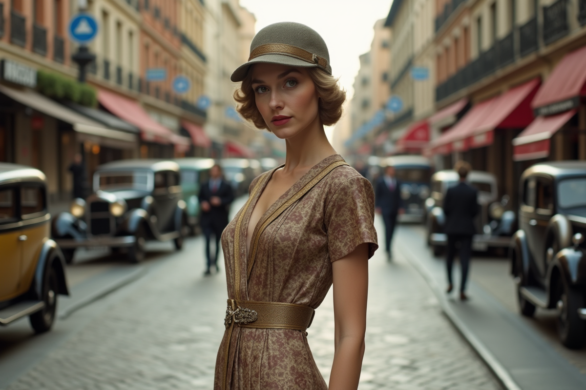Jeune femme en robe de soie 1930s dans la ville