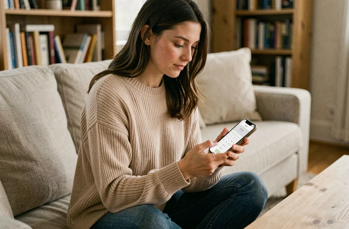Jeune femme utilisant une application de calcul de jours entre deux dates sur son smartphone dans un salon