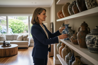 Femme en blazer navy arrangeant des vases en céramique anciennes