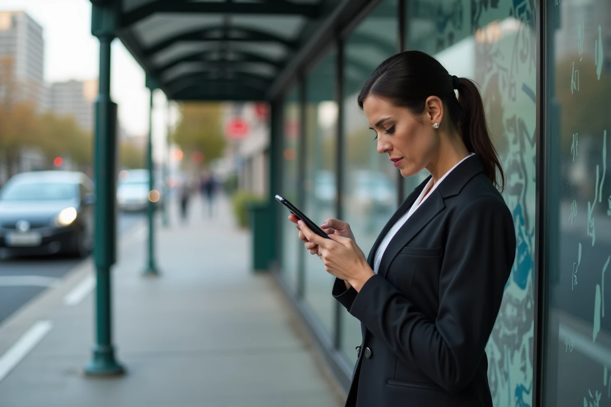 Femme en ville regardant son smartphone à un arrêt de bus