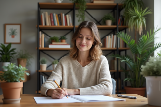 Femme en intérieur faisant une auto-évaluation mentale