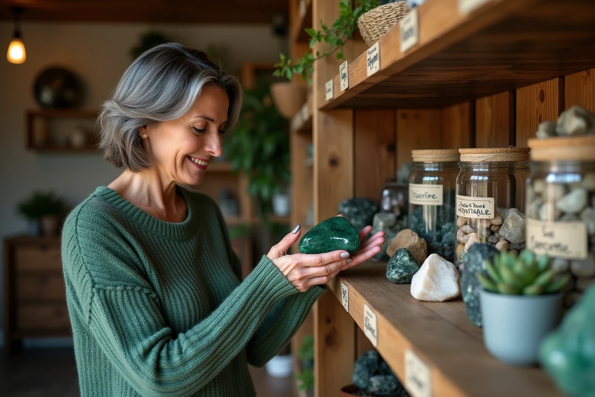 Femme inspectant une pierre d'aventurine verte dans une boutique de cristaux, choisissant ses pierres de lithothérapie en fonction de ses émotions