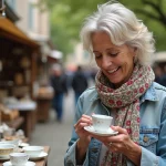 Femme souriante inspectant des tasses en porcelaine vintage lors d'une brocante