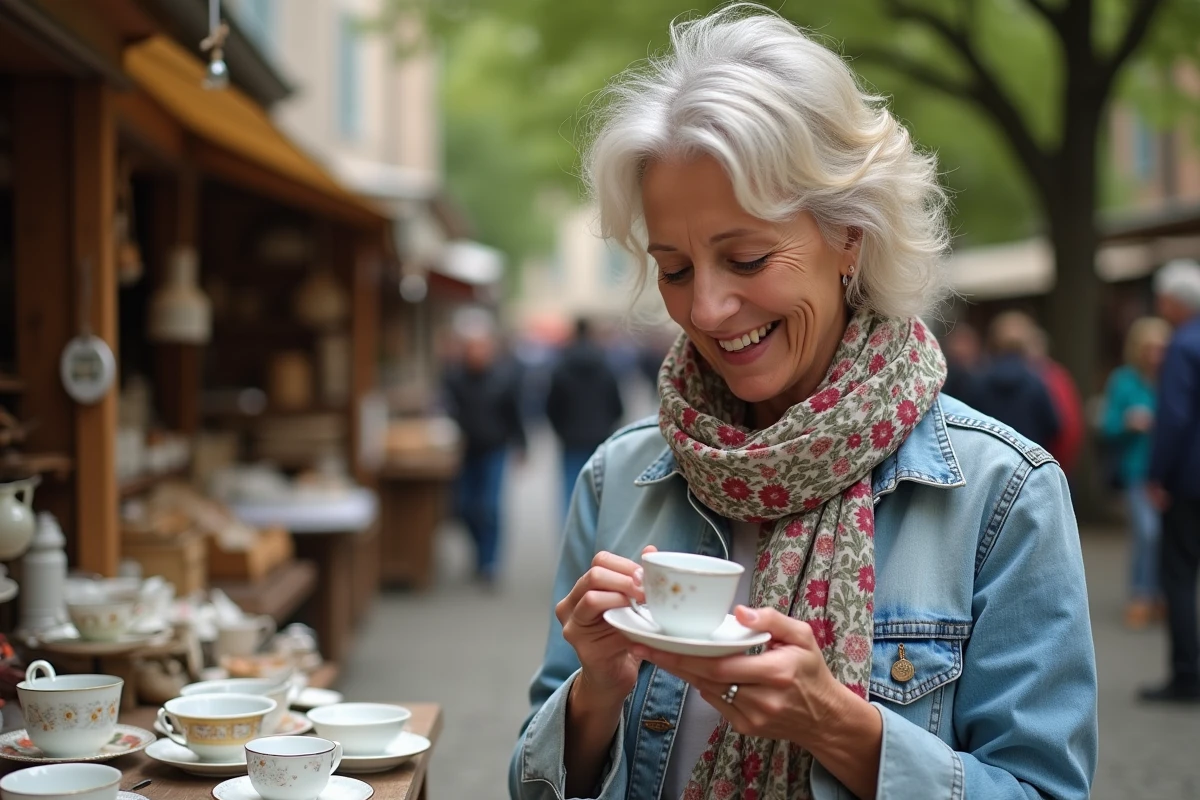 Femme souriante inspectant des tasses en porcelaine vintage lors d'une brocante