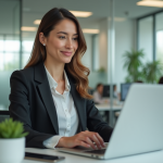 Femme en bureau moderne travaillant sur son ordinateur