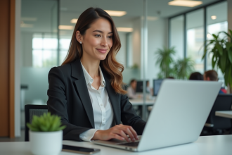 Femme en bureau moderne travaillant sur son ordinateur