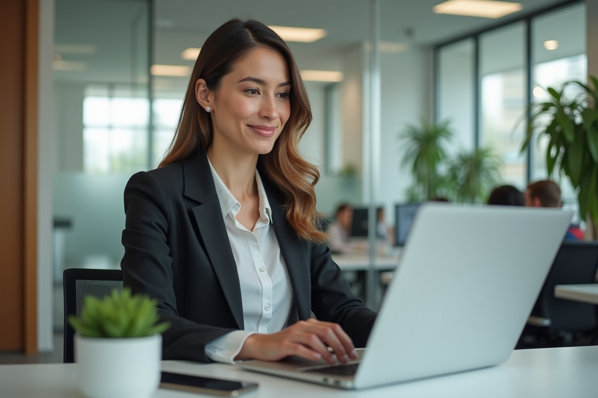 Femme en bureau moderne travaillant sur son ordinateur