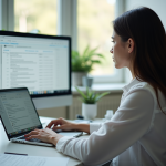 Jeune femme professionnelle travaillant sur son ordinateur dans un bureau lumineux