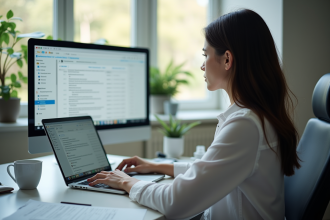 Jeune femme professionnelle travaillant sur son ordinateur dans un bureau lumineux
