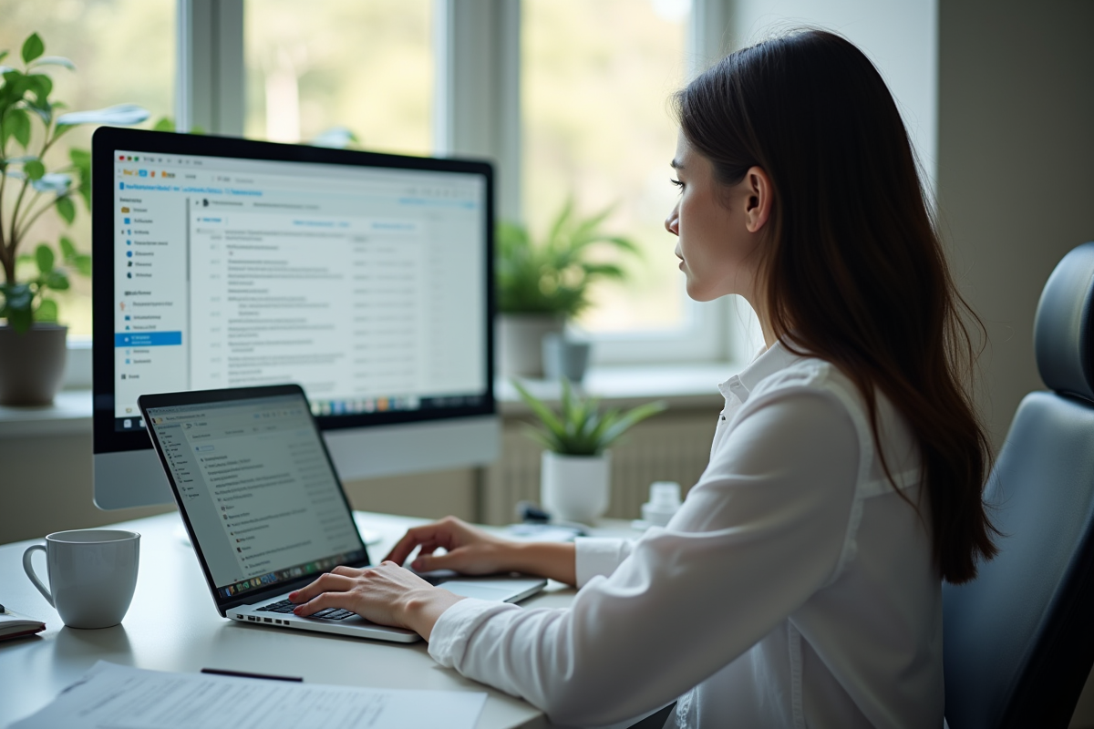 Jeune femme professionnelle travaillant sur son ordinateur dans un bureau lumineux