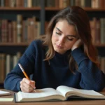 Femme concentrée consultant un livre de référence à son bureau pour mémoriser des règles orthographiques comme la majuscule à capitale