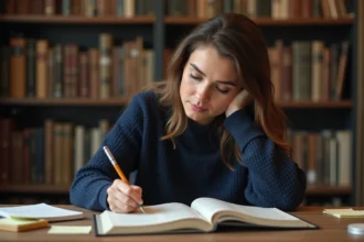 Femme concentrée consultant un livre de référence à son bureau pour mémoriser des règles orthographiques comme la majuscule à capitale