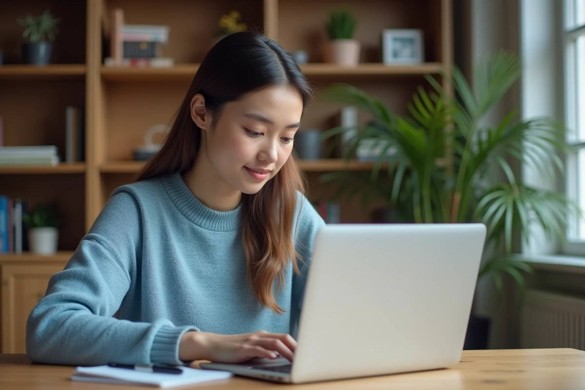 Jeune femme travaillant sur son ordinateur dans un espace cosy