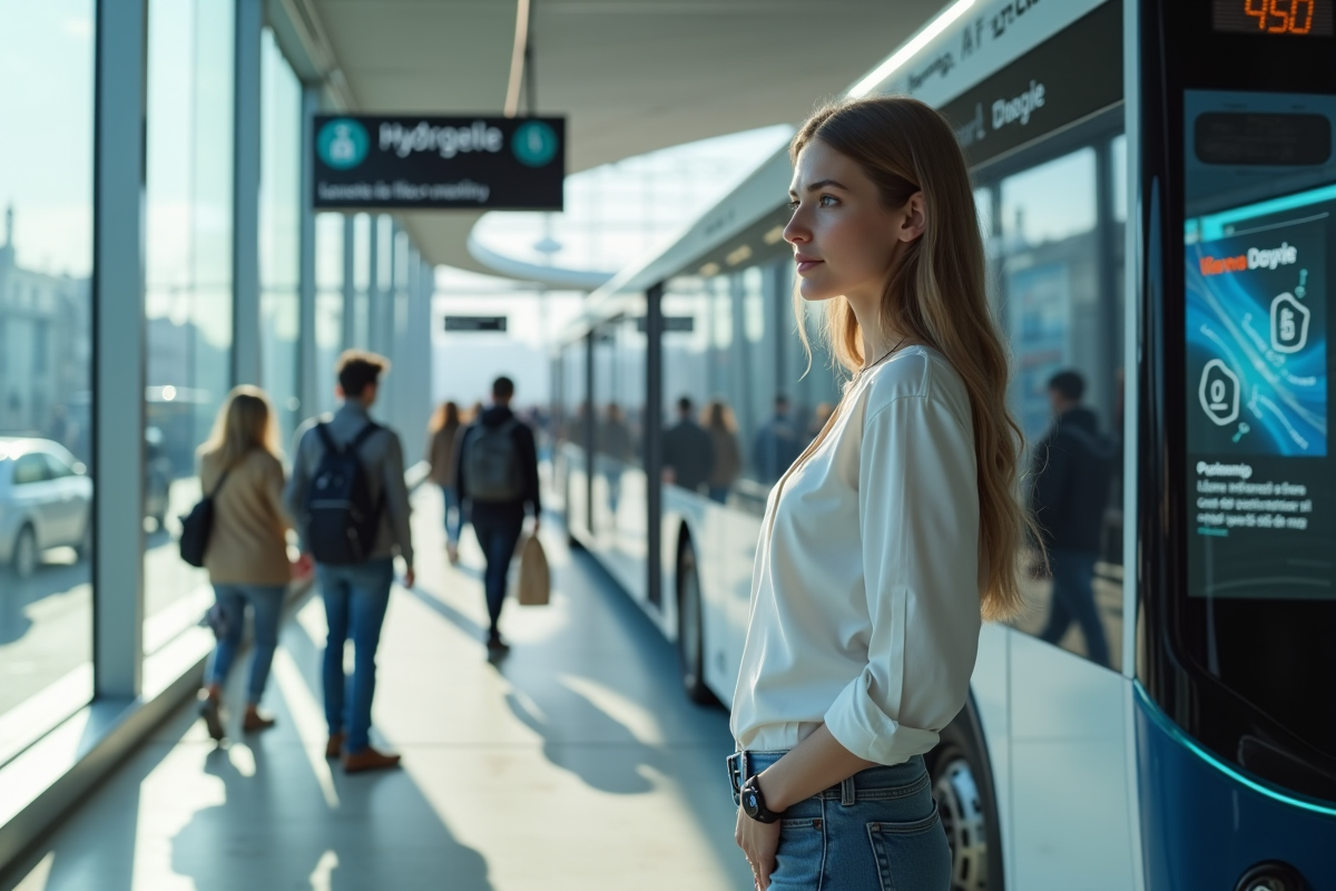 Jeune femme observant un bus hydrogene dans un terminal