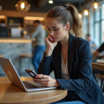 Jeune femme au café avec smartphone et ordinateur crypto