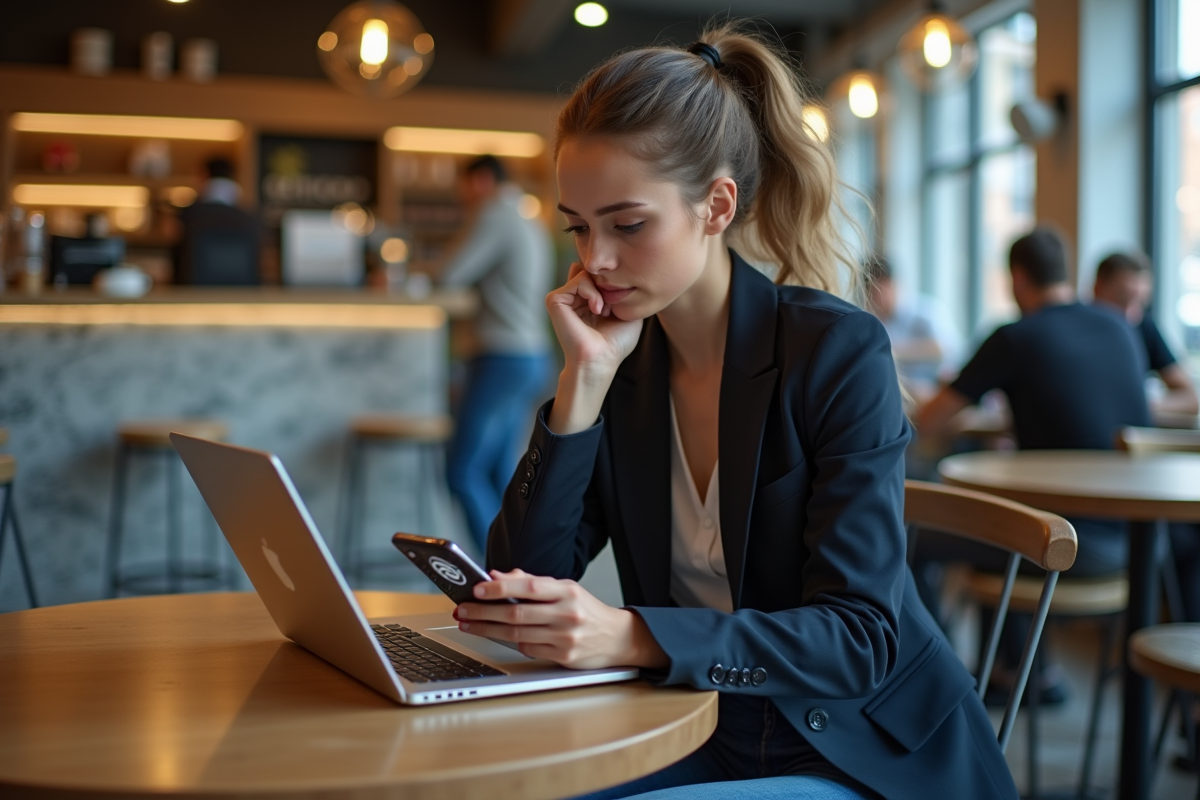 Jeune femme au café avec smartphone et ordinateur crypto