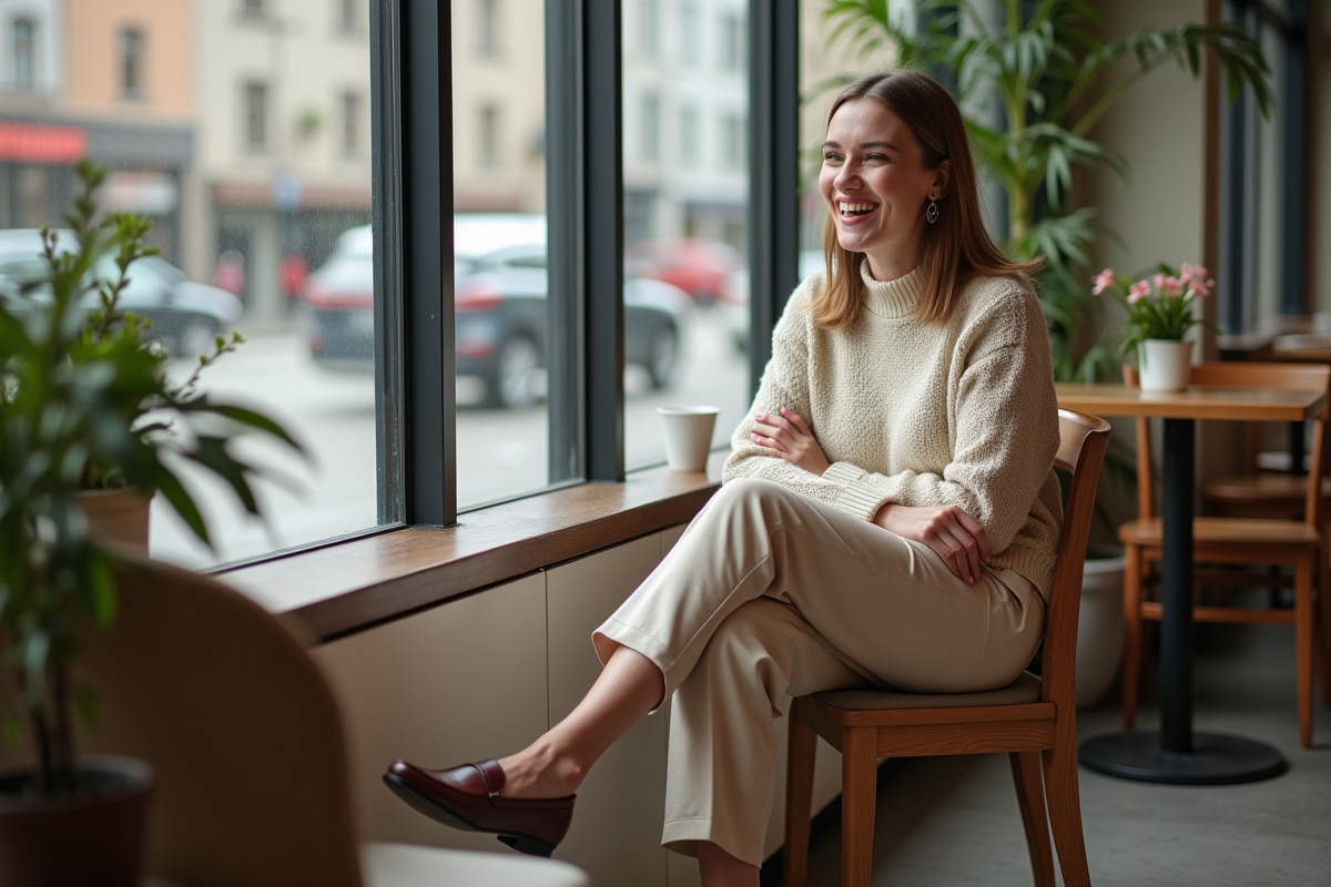 Jeune femme assise dans un café portant pantalon splithem beige
