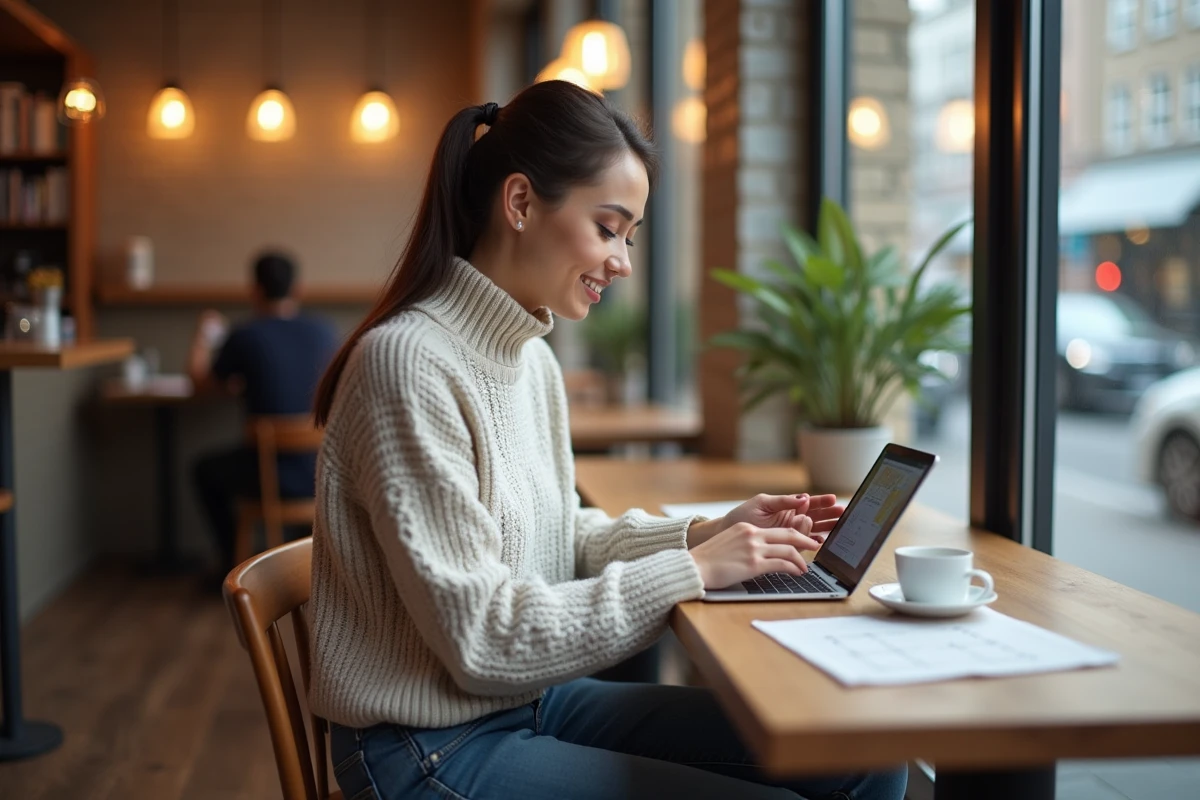 Jeune femme résolvant un crossword au café