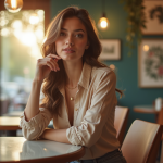 Femme confiante et élégante au café en lumière naturelle
