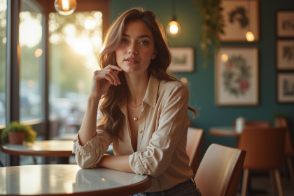 Femme confiante et élégante au café en lumière naturelle