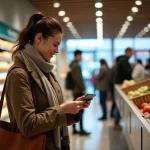 Femme souriante scannant sa carte de fidelite au supermarche