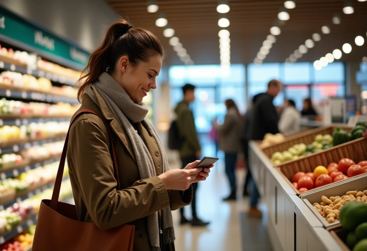 Femme souriante scannant sa carte de fidelite au supermarche