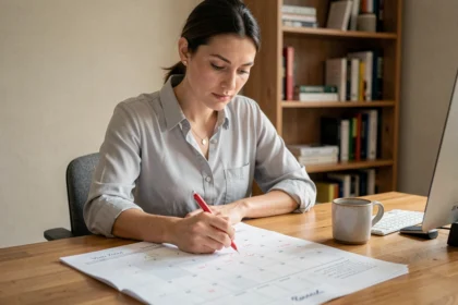 Femme calculant le nombre de jours entre deux dates sur un calendrier papier dans un bureau à domicile