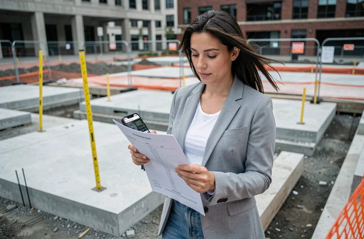 Femme sur un chantier consultant une application mobile de conversion de yards en mètres pour des mesures de construction