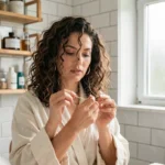 Femme aux cheveux bouclés examinant ses fourches devant un miroir dans une salle de bain moderne