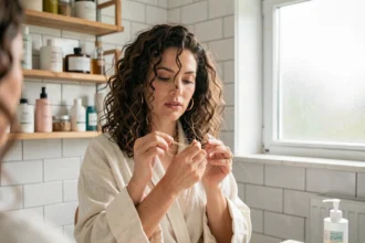 Femme aux cheveux bouclés examinant ses fourches devant un miroir dans une salle de bain moderne