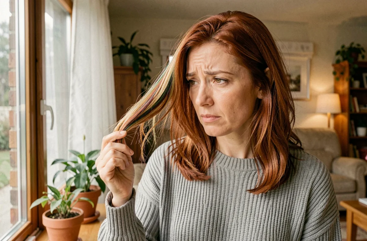 Femme aux cheveux colorés auburn examinant ses fourches à la lumière naturelle chez elle
