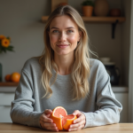 Femme souriante tenant un pamplemousse pelé dans une cuisine moderne