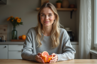 Femme souriante tenant un pamplemousse pelé dans une cuisine moderne