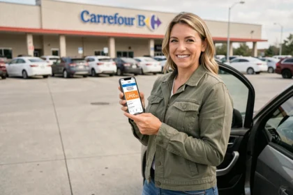 Femme utilisant un code promo Carrefour Drive sur son smartphone à côté de sa voiture dans un parking drive