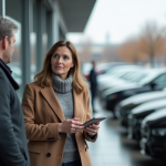 Femme discutant avec un vendeur près d'une voiture en extérieur