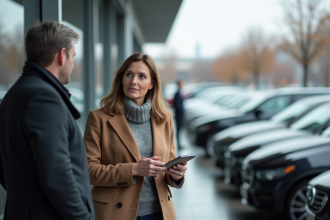 Femme discutant avec un vendeur près d'une voiture en extérieur