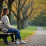 Femme pensante assise sur un banc dans un parc urbain