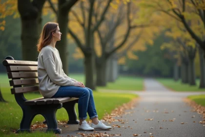 Femme pensante assise sur un banc dans un parc urbain