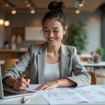 Femme en bureau créatif avec esquisses de design en français
