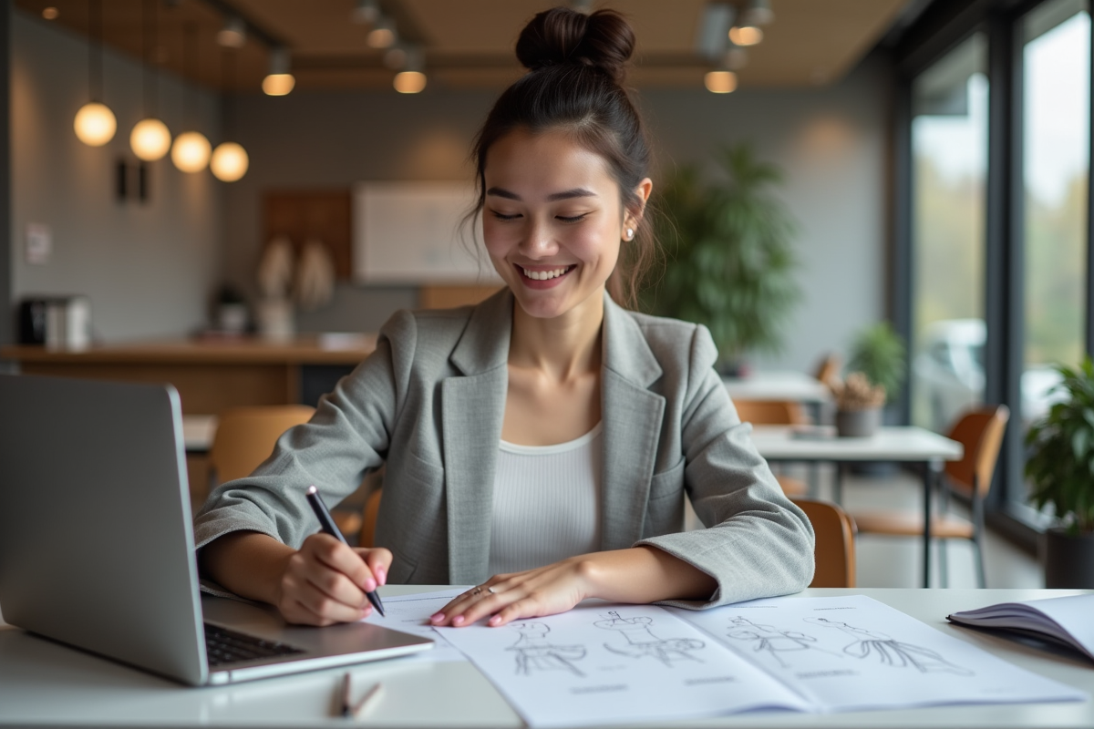 Femme en bureau créatif avec esquisses de design en français
