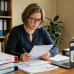 Femme consultant des dossiers administratifs CGOS pour éviter les erreurs dans ses demandes d'aides