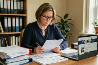 Femme consultant des dossiers administratifs CGOS pour éviter les erreurs dans ses demandes d'aides