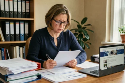 Femme consultant des dossiers administratifs CGOS pour éviter les erreurs dans ses demandes d'aides