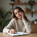 Femme pensive écrivant dans un journal dans un intérieur moderne