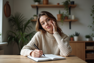 Femme pensive écrivant dans un journal dans un intérieur moderne