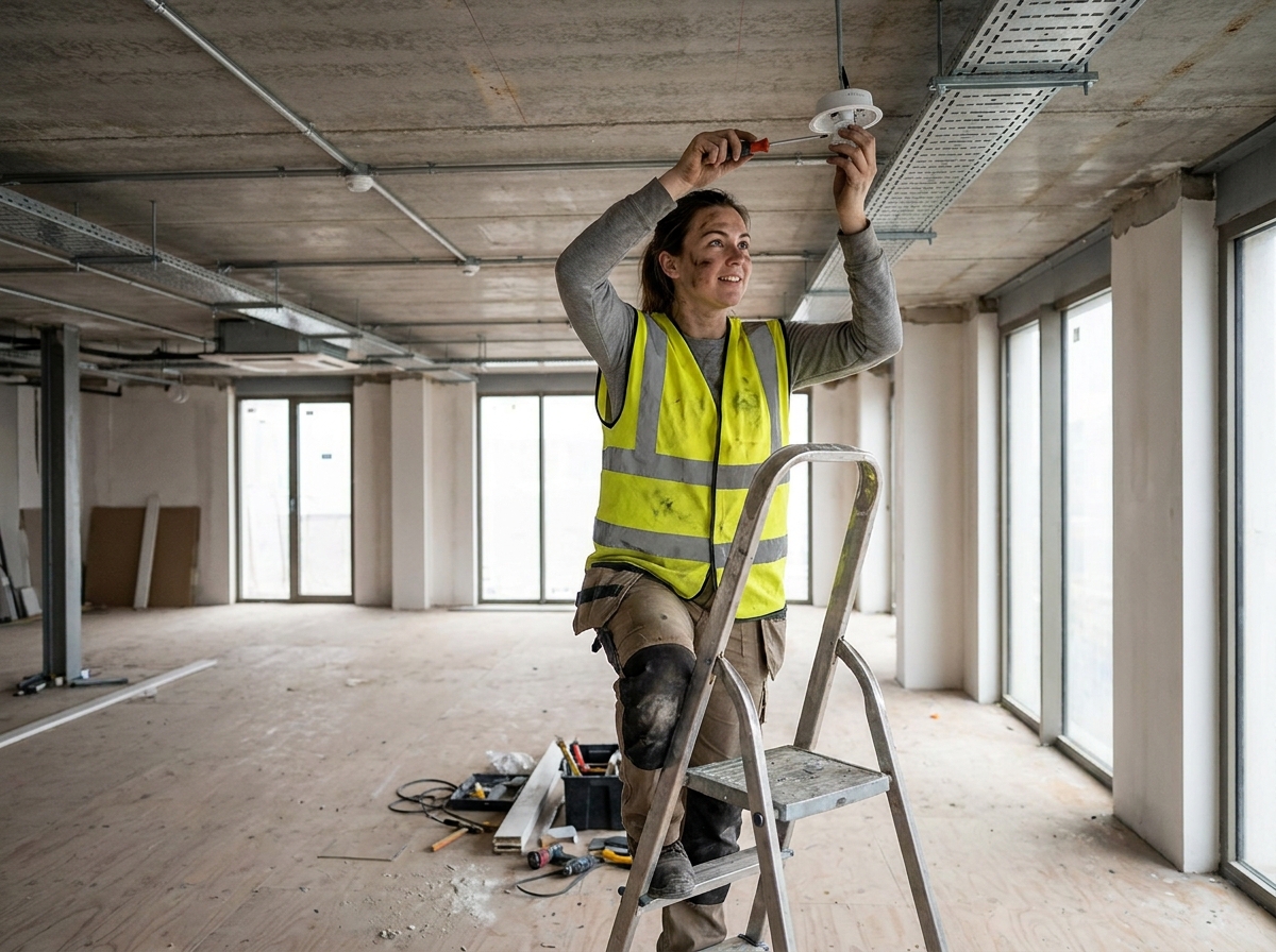 Femme électricienne en gilet haute visibilité installant un luminaire au plafond dans un espace commercial en rénovation